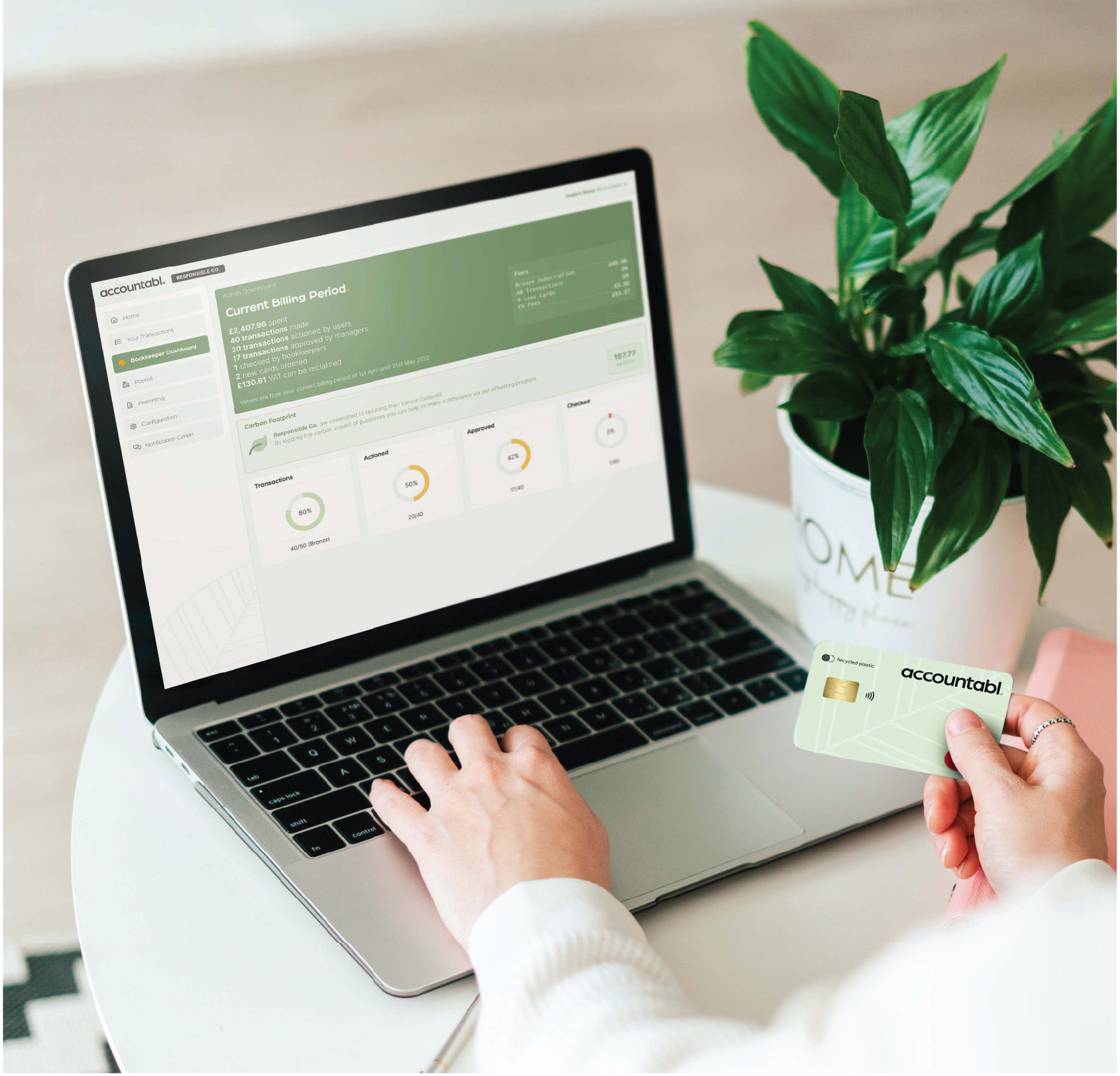 Accountabl dashboard on laptop with branded card